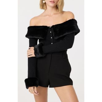 ASTR the Label Tabathia Off the Shoulder Faux Fur Trim Sweater in Black at Nordstrom Rack, Size Medium