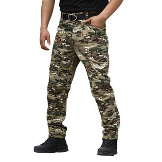 Generic Mens Waterproof Tactical Trousers with Zip Pockets Durable Wear-Resistant Slim Fit Outdoor Pants for Casual Hiking Active Wear Camouflage