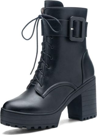 Generic Womens Lace-Up Motorcycle Ankle Boots Platform Chunky Heel Combat Booties,Black,6.5 UK