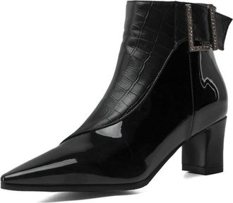 Generic Womens Pointed Toe Elastic Chelsea Ankle Boots with Chunky Block Heel & Rhinestone Buckle, for Autumn/Winter,Black,6.5 UK