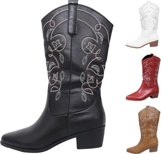 Generic Cowboy Boots for Women Ladies Cowgirl Cowboy Boots Wide Calf Extra Wide Cowgirl Boot Block Heel Synthetic Leather Riding Boot Block Heel PU Leather Mi