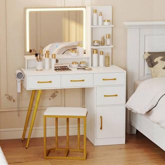 Costway Costway Vanity Desk w/ Stool Makeup Dressing Table Set w/ LED Mirror in White