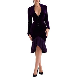 House of CB Dahna Corset Long Sleeve Velvet Dress in Dark Purple at Nordstrom, Size X-Small