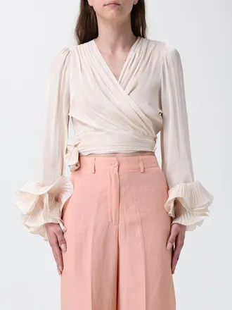 Hanita Blusa cropped in raso drappeggiato con scollo a V e maniche svasate