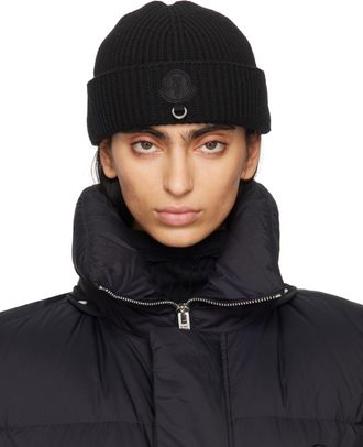 【関税＆送料込み】Moncler Black Virgin Wool Beanie Moncler Logo Patch Cuff Virgin Wool Rib Beanie | Nordstrom