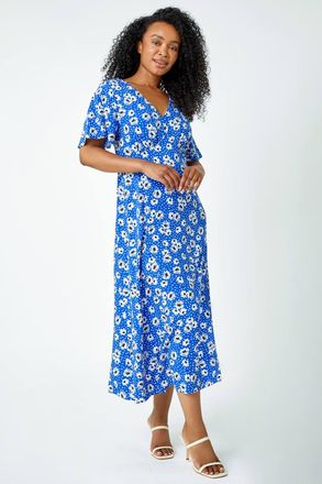 Roman Floral Print Flute Sleeve Dress