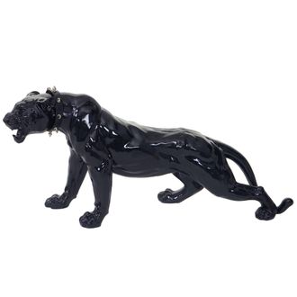 Hhg Hhg - Nunca Usado] Figura Decorativa Leopardo 59cm, Escultura De Poliresina Pantera, Interior/exterior, Negro Alto Brillo Con Collar