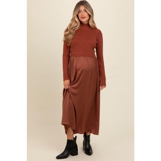 Pinkblush Knit Contrast Top Satin Midi Dress in Brown at Nordstrom, Size X-Large