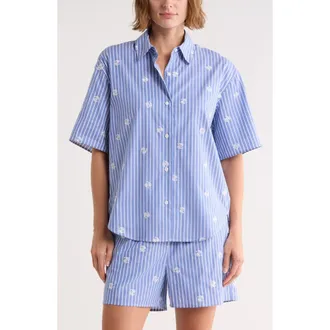 Rag & Bone Ella Oversize Embroidered Short Sleeve Button-Up Shirt in Blue Multi at Nordstrom Rack, Size X-Small