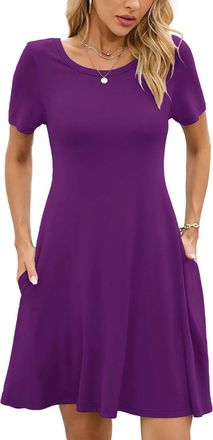 Generic Womens Summer Dresses Casual T-Shirt Short Sleeve Dress Loose Swing Short Dress with Pockets Purple