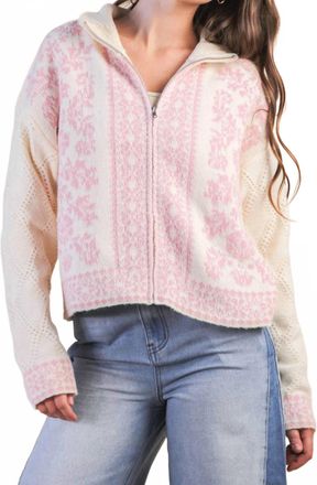 Very J Romantic Floral Zip Sweater In Oatmeal/pink
