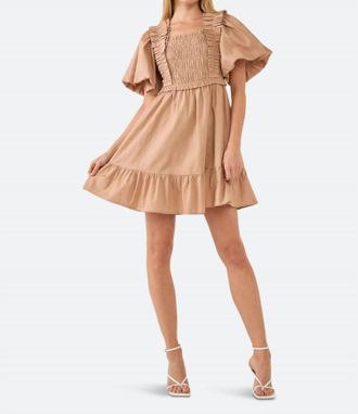 English Factory Tyler Puff Sleeves Mini Dress In Tan