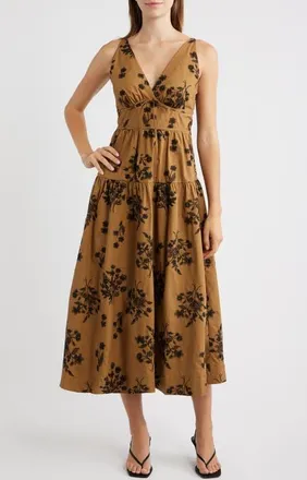 Moon River Embroidered Tiered Sleeveless Midi Dress in Caramel at Nordstrom, Size X-Large