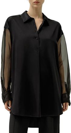 LilySilk Womens Silk Blouse with Organza Sleeves in Black at Nordstrom, Size Medium