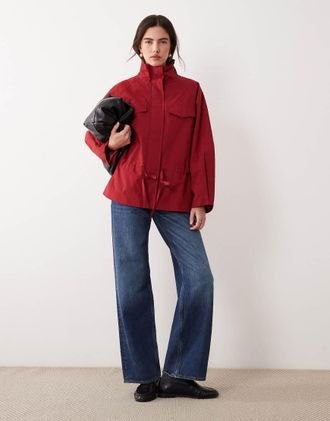 Asos Giacca multitasche extra larga stretta in vita con collo a imbuto rossa-Rosso