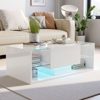 OEM Mesa Baja Contempor&aacute;nea Blanca 100 X 50 X 35 Cm Con Led Regulable, 1 Caj&oacute;n, Vidrio Templado