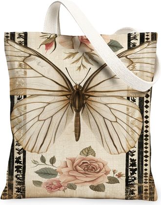 Generic Butterfly Floral Canvas Tote Bags, Vintage Rose Design Reusable Grocery Bags, Lightweight Washable Shoulder Strap Canvas Fo, Beige, 13x15 Inch