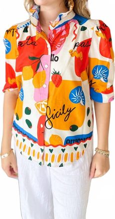 Adrienne Jodie Ruffle Collar Puff Sleeve Top In Multi