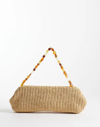 Mango Borsa da spalla in rafia beige con tracolla con perline-Neutro
