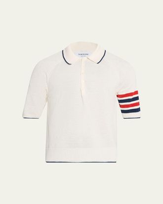 Thom Browne Mens Linen and Cotton Knit 4-Bar Sleeve Polo Shirt