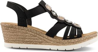 Rieker Schoenen, Dames, Zwart, 41 EU, Leer, Wedge Sandaal met Pareldetail