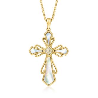 Ross-Simons Mother-Of-Pearl Cross Pendant Necklace With Diamonds in 18kt Gold Over Sterling