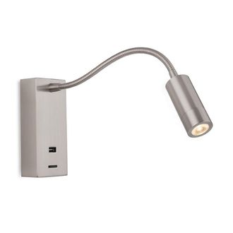 Netlighting Clifton LED Flexi Wall Reading Light & USB Brushed Steel in Grey