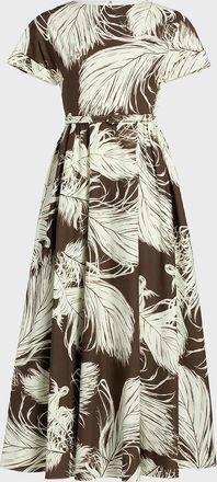 Oscar De La Renta Feather-Print Short-Sleeve Belted Fit-&-Flare Ankle Dress