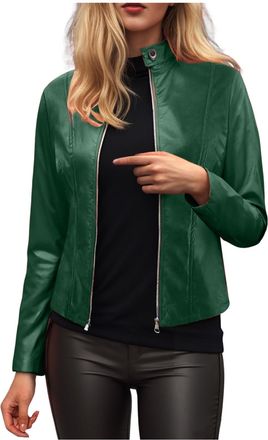 Generic Women Classic Faux Leather PU Street Jacket Outerwear Moto Biker Jacket Short Slim Fit Casual Zip Up Coat Zipper Long Sleeve Slim Fit Motorcycle Cropp