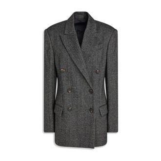Brunello Cucinelli Double-Breasted Herringbone Blazer - female - Brunello Cucinelli - Blazers - Black - L - Jackets
