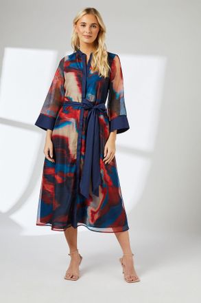 Principles Womens Multi Blur Print Belted Contrast Detail Collarless Shirt Dress - Multicolour - Size 10 UK