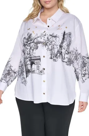 Karl Lagerfeld Paris Scene Cotton Button Down Shirt in White at Nordstrom, Size 1X