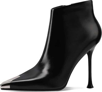 TinaCus Womens Genuine Leather Handmade Metal Toe Stiletto Heel Side Zip Up Ankle Boots, Black, 5 UK