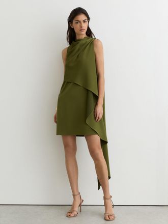 Reiss Olive Green Drape-detail Layered Mini Dress, 12