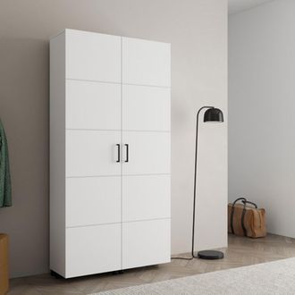 Dmora Zapatero Bled, Mueble Para Zapatos 15 Estantes, 2 Puertas, Mayor Capacidad, Ruedas, 92x33x185h Cm Blanco Mate