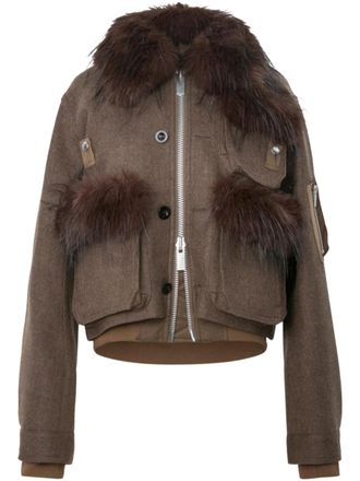 sacai Cropped Wool Melton Blouson with Plush Fur Collar