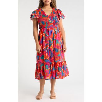 Sugarlips Ranchero Sunfire Floral Tiered Midi Dress in Red-Multi at Nordstrom, Size 3X