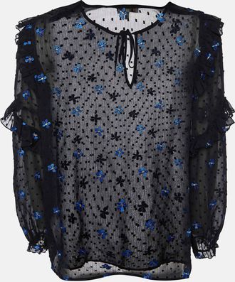Maje Black Dotted Embroidered Crepe Ruffled Top