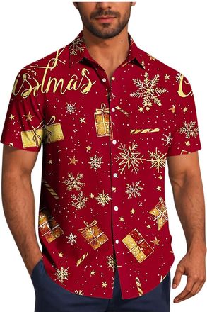 Generic Mens Ugly Christmas Shirts Novelty Funny Xmas T Shirt Santa Claus Snowman T-Shirts Xmas Tree Gnome Shirt Light Up Tops Short Sleeve Pullover Button Up