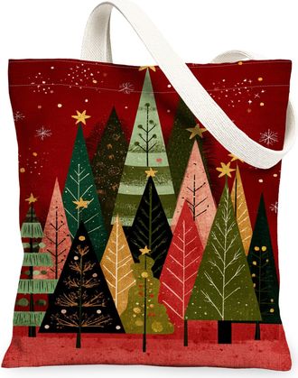 Generic Christmas Trees Canvas Tote Bags, Artistic Holiday Design Reusable Grocery Bags, Vintage Lightweight Washable Shoulder Stra, Red, 13x15 Inch