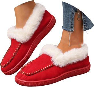 Generic Women Winter Suede Snow Shoes 2025 Solid Color Square Toe Wide Width Warm Casual Comfortable Non Slip Shoes Plush Lined Slip on Wide Calf Outdoor Walk