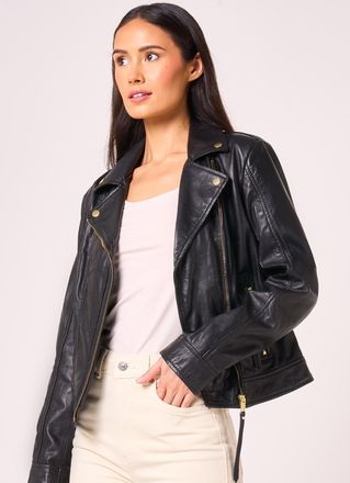 Barneys Womens Biker Jacket with Worn Gold Trims - Black Leather - Size 14 UK