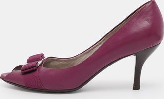 Ferragamo Fushia Leather Vara Bow Peep Toe Pumps