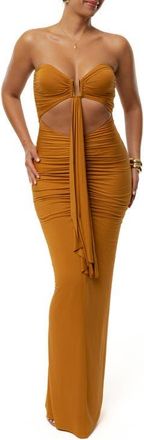 JLUXLABEL Drape Cutout Strapless Body-Con Maxi Cocktail Dress in Brown at Nordstrom, Size Medium