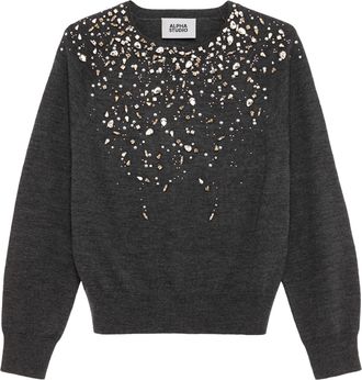 Alpha Studio Long-Sleeved Crewneck Sweater with Stud and Rhinestone Embellishments