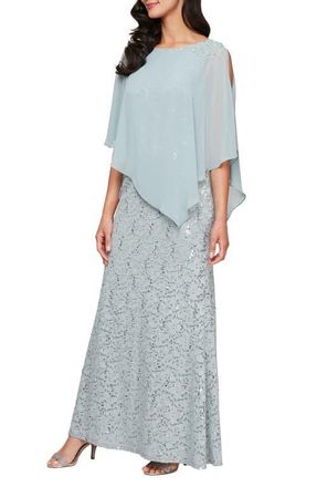 S.L. Fashions Beaded Lace & Chiffon Capelet Gown in Sage at Nordstrom, Size 18