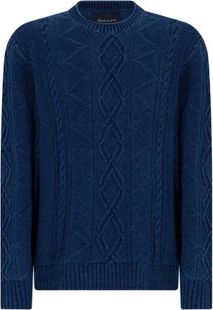 GANT Round-neck Knitwear, male, Blue, Size: XL Cable Knit Sweater