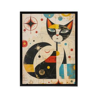 Artery8 Abstract Mid Century Modern Atomic Cat Framed Canvas Wall Art Print in Beige | Size: W24 x H32