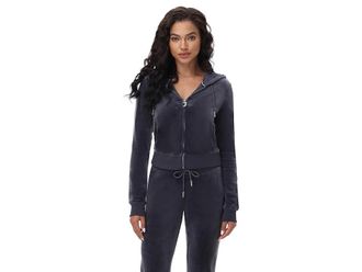 Juicy Couture Luxe Velour Juicy Hoodie with Back Bling Womens Sweater Titanium : LG (US 10-12), Polyester/Spandex/Velour
