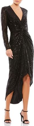 Mac Duggal Sequin Knotted Long Sleeve High Low Dress in Black at Nordstrom, Size 12